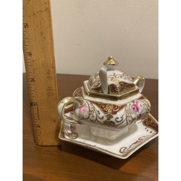 Antique Nippon c1911 Floral Sugar Bowl W/ Lid & Spoon Attached Plate Gold Accent - Picture 14 of 14